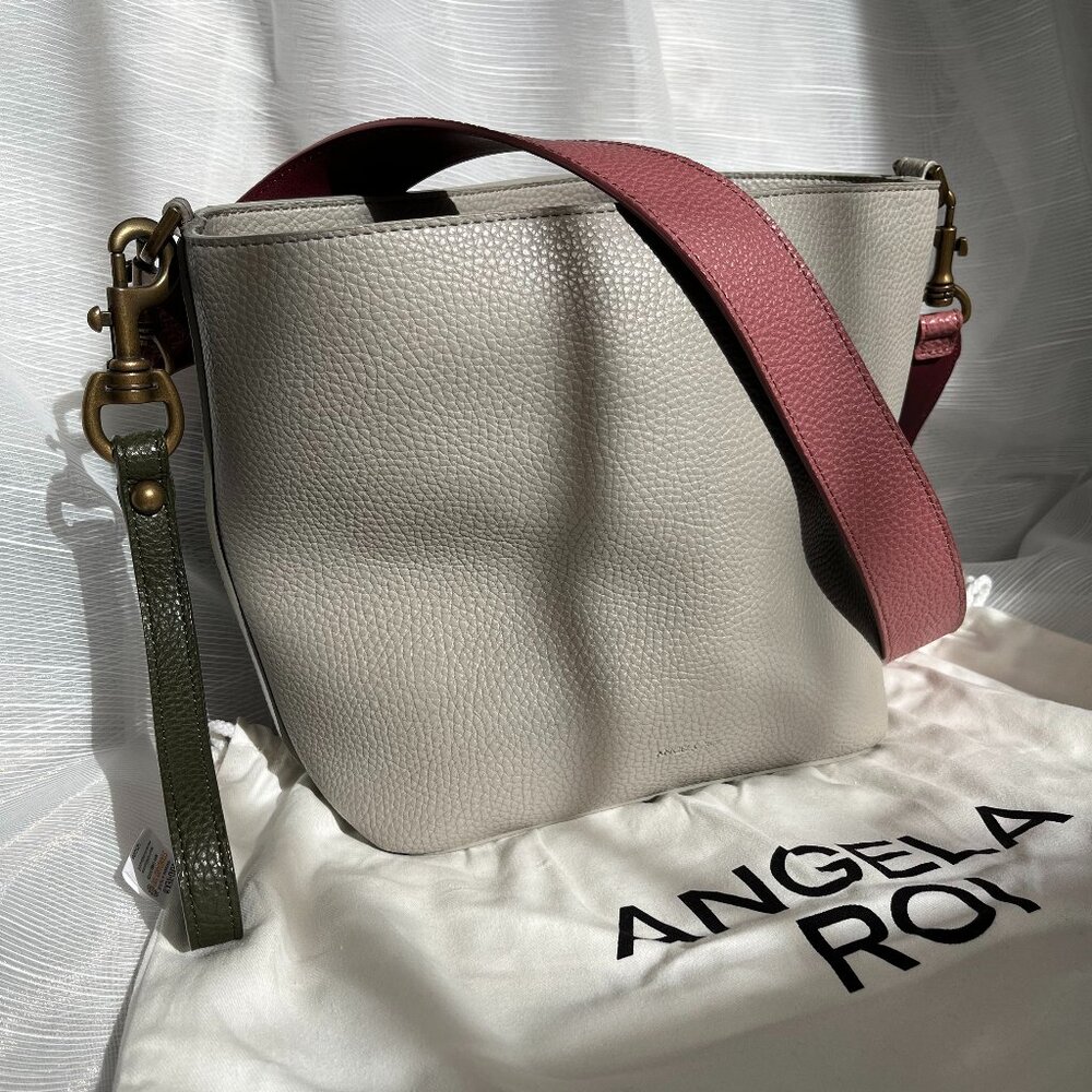 Angela Roi Gray Angelou Vegan Leather Bucket Bag with Added Pink Strap